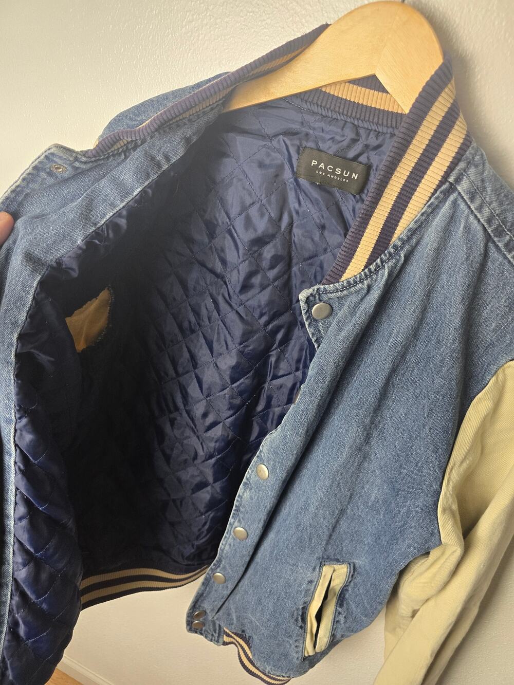 PacSun Denim Varsity Bomber Jacket Mens M Blue Cream Snap Quilted Lined